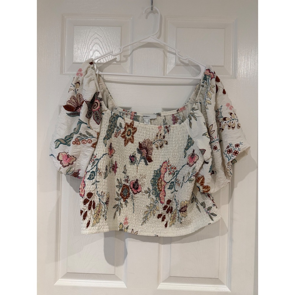 Floral Smocked Puff Sleeve Crop Top Plus Size 3X Ivory Boho Cottagecore